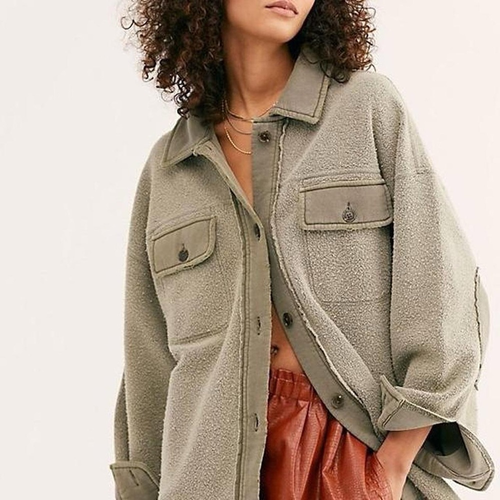 Free People Ruby Oversized Collared Shirt Jacket Shacket in Greyed Olive - M